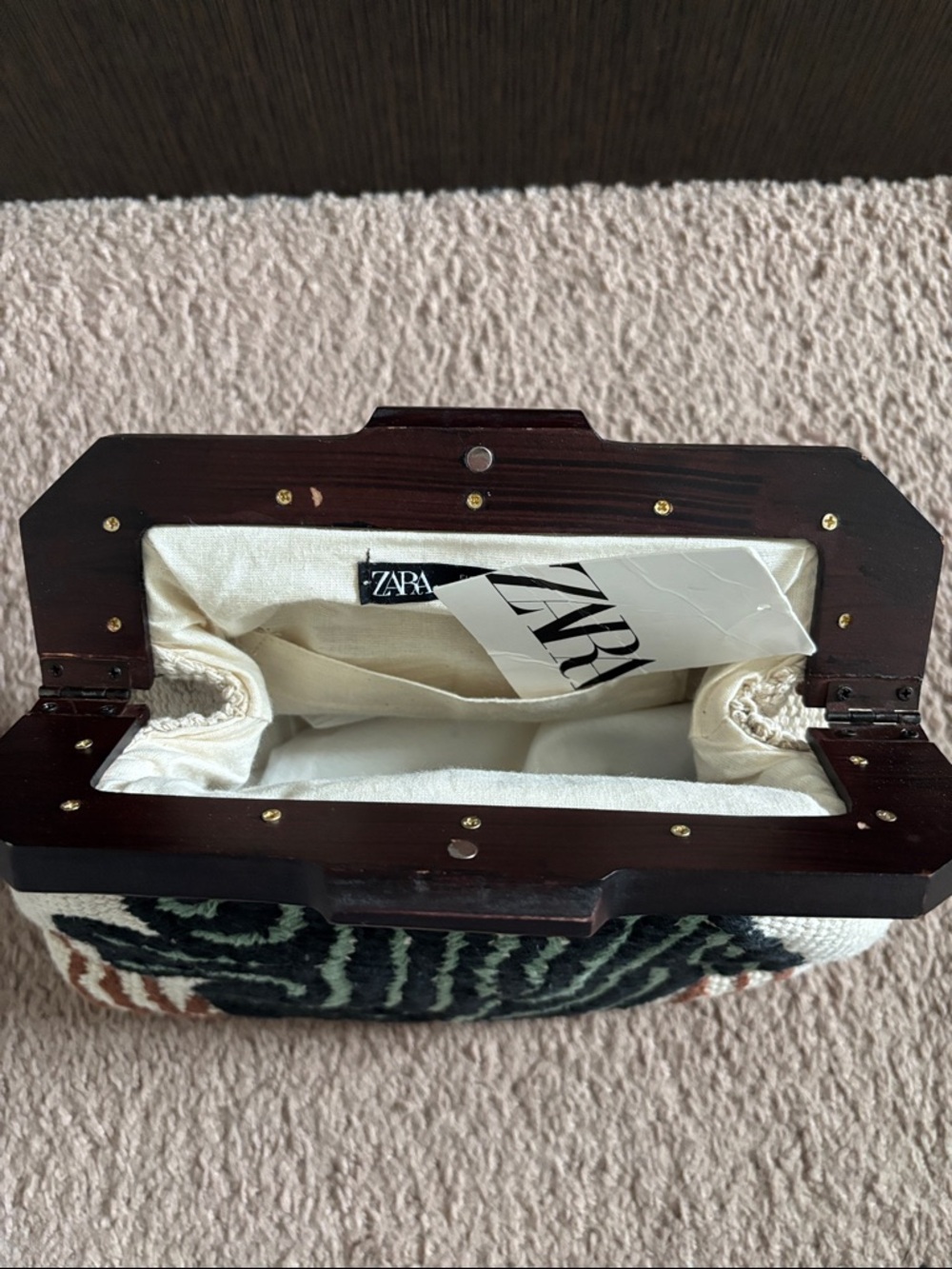 Zara Cream Woven Evening Clutch with Wood-Accent Frame - Picture 7 of 7